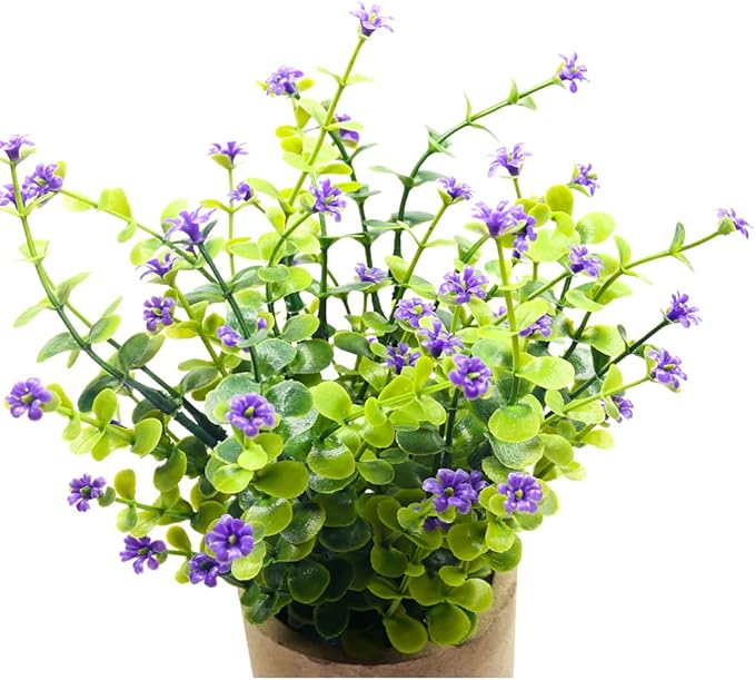 Artificial Mini Potted Plants Fake Plastic Milan Flower for Farmhouse Living Room Bathroom Office Desk Shelf Home Greenery Decoration (Purple)
