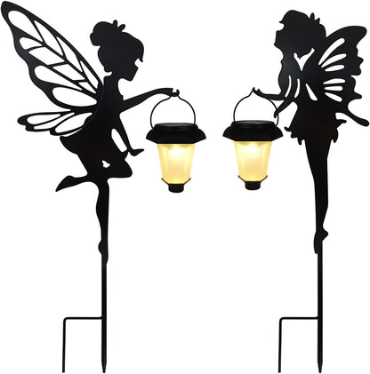 Solar Fairy Garden Stake Decorative Lantern, 2 Pack Metal Fairy Angel Garden Silhouette Lights for Lawn, Pathway, Patio, Yard Outdoor Decor