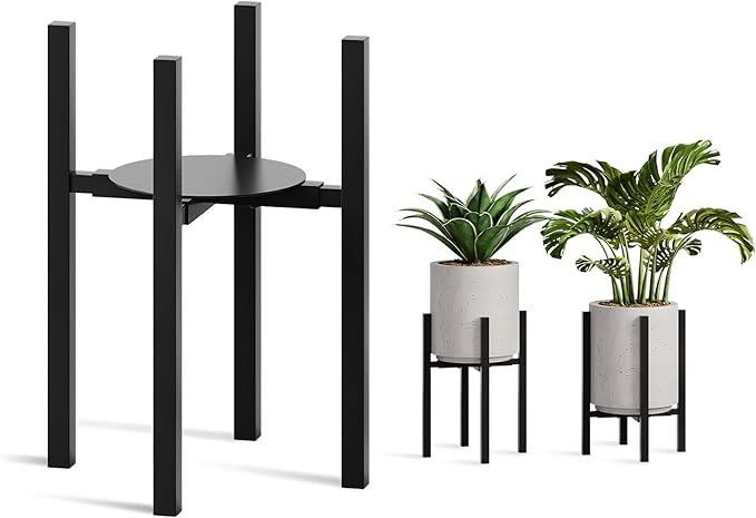 Adjustable Metal Plant Stand Indoor, Mid Century Modern Outdoor Planter Holder for 9 to 15 Inch Pots, Heavy Duty 160 LB Load, Corner Floor Stand for Home Garden Decor Black with Round Plate