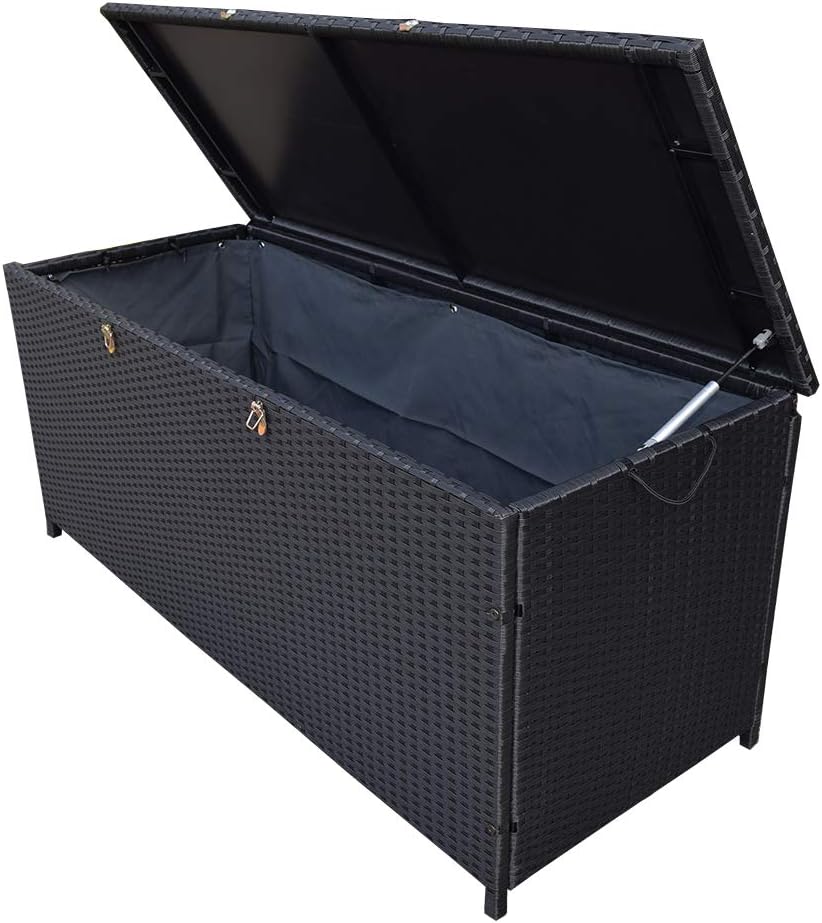 Oakland Living Charcoal Black Indoor and Outdoor Balcony Patio Deck Porch Pool 113 Gallon Wicker Storage Box Trunk Bin with Metal Frame