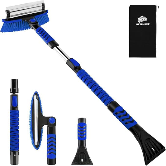 METOWARE 44'' Snow Brush and Ice Scrapers for Car Windshield, Extendable Snow Brush for Car with Ergonomic Foam Grip and 360° Pivoting Brush Head for Car SUV Truck Blue