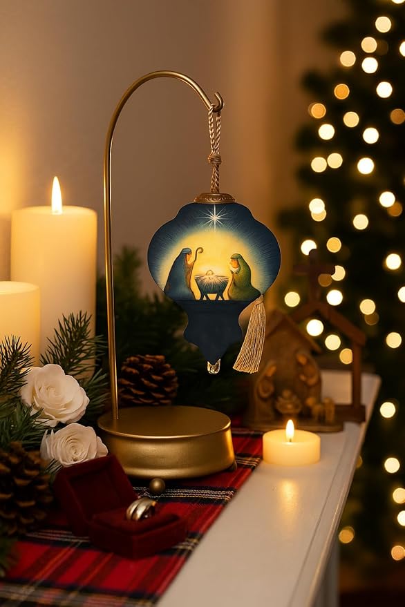 Radiant Holy Family Nativity Ornament–Hand-Painted Glass Holy Family Christmas Ornament – Baby Jesus in Manger Scene – Religious Christian Ornament – Catholic Keepsake