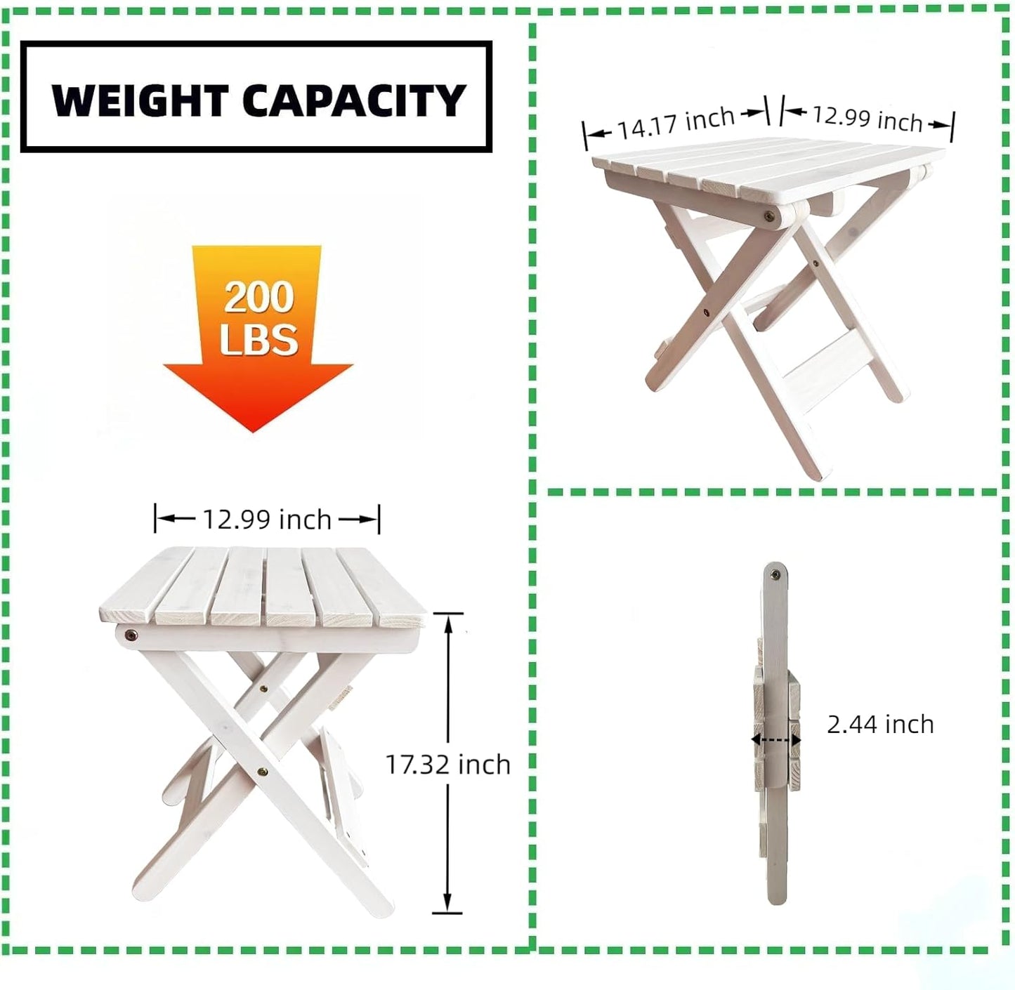 Outdoor Side Table, No Assembly Folding Wooden End Table for Outside or Indoor, Small Patio Tables for Camping, Pool, Bathroom, Backyard and Porch (White)