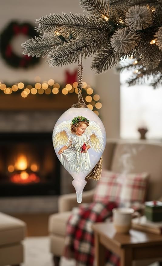 Winter Angel Ornament – Hand-Painted Glass Christmas Ornament – “Peaceful Messenger” Angel with Cardinal Christmas Tree Decoration