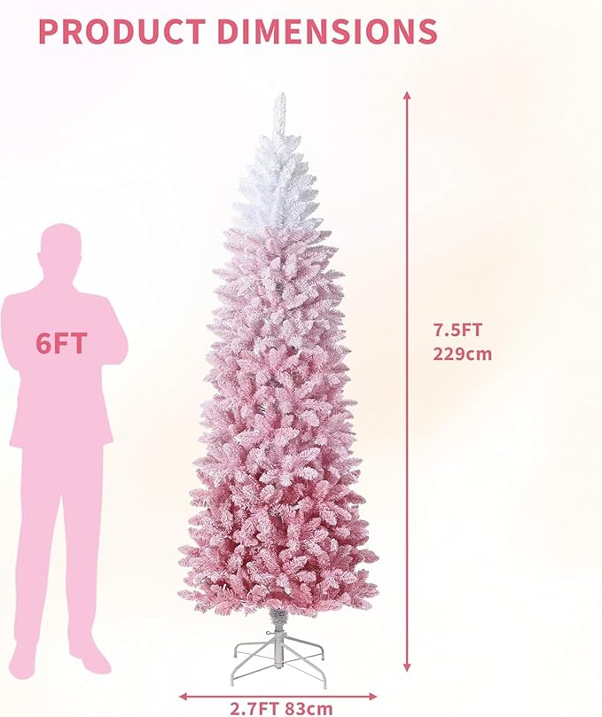 GarveeHome 7.5ft Pink Christmas Tree, Prelit Artificial Christmas Tree with Foldable Base, Snow Flocked Pencil Christmas Tree for Holiday Decoration