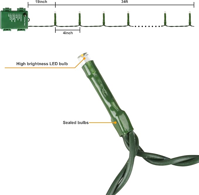 Battery Operated Christmas Lights 33FT 100 LED 8 Modes and Auto Timer for Indoor Outdoor Christmas Tree Wreath Home Party Warm White