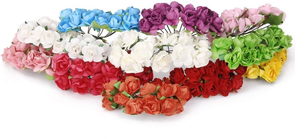 Mini Fake Rose Flower Heads 144pcs Mini Artificial Mulberry Paper Roses Flower with Wire Stem DIY Wedding Flowers Accessories Make Bridal Hair Clips Headbands Dress (Green)