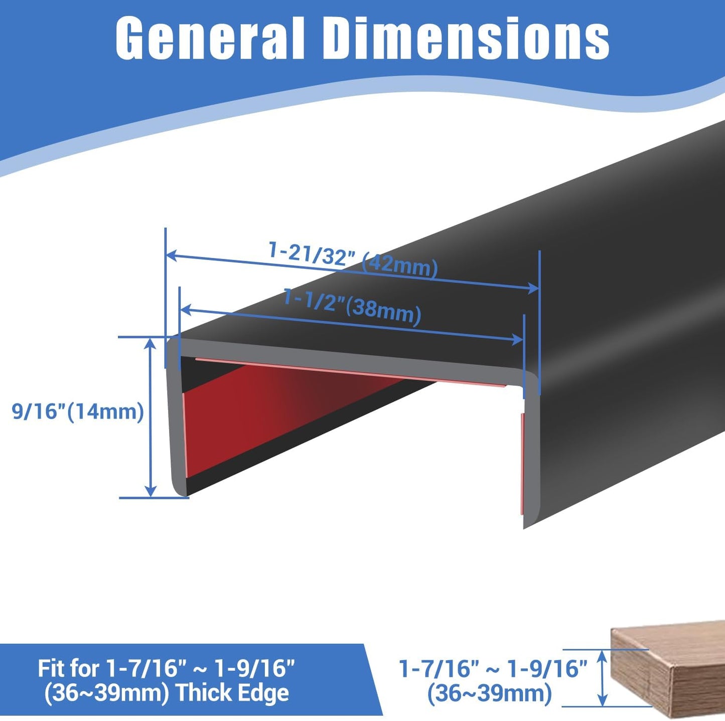 Rubber Edge Trim, 1-1/2 inches Self-Adhesive U Channel Edge Protector for Woods, Flexible U Shaped Peel and Stick Edge Banding, Edge Guard, Fit 1.5"(38mm), 20Ft, Black