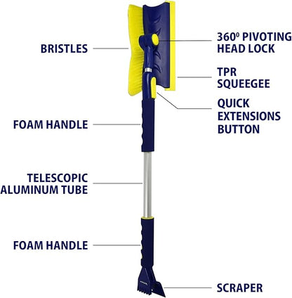 Michelin Snow Brush for Car Windshield (Pack of 2) – Ice Scraper with Extendable 34-49" with Foam Grip, Pivoting Head & Scratch-Free Bristles Heavy-Duty Winter Car Accessory for SUV, Truck, Van, Auto