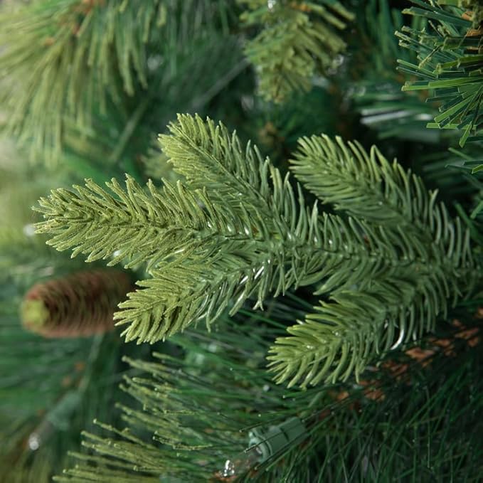 Naomi Home 7.5ft Christmas Tree with Lights, Realistic Traditional Prelit with Pine Cones, Foot Pedal 1556 Branch Tips, 750 Warm Lights and Metal Stand, Aritificial Tree