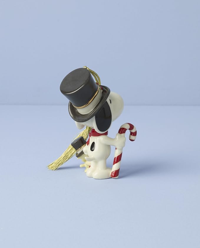Lenox Ornaments, Snoopy & Woodstock with Candy Cane Ornament, Porcelain Material, Gold Cord for Tree Decoration, Christmas Decorations, Christmas Ornaments, Snoopy Design, Winter Decor (1 Piece)