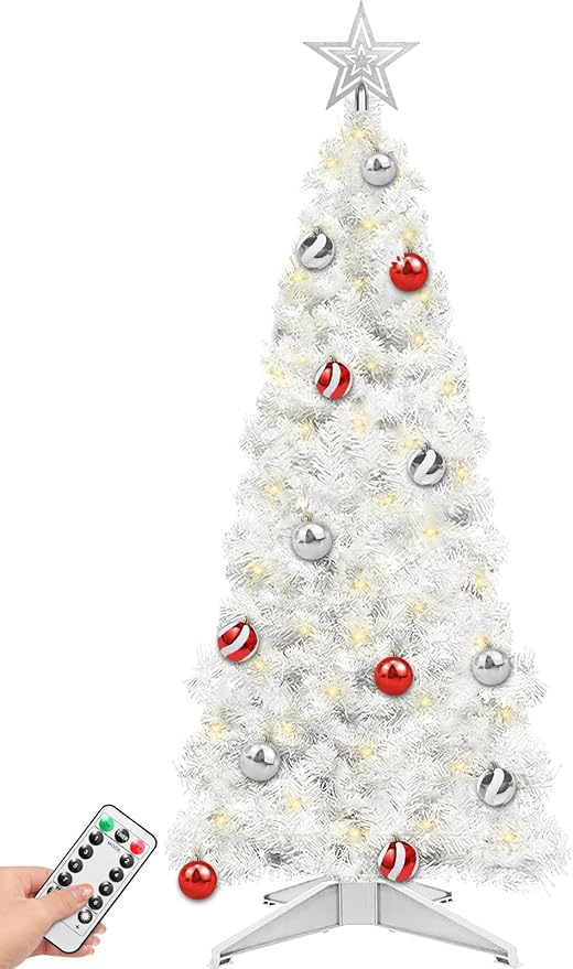 4 Ft Christmas Tree Remote Control 8 Modes Dual Color Change Timer 100 Warm White&Colored Lights 18 Christmas Ball Ornaments 3D Star Battery Operated Small Xmas Tree Table Indoor Holiday Party Decor