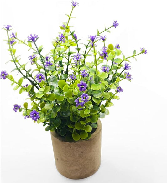 Artificial Mini Potted Plants Fake Plastic Milan Flower for Farmhouse Living Room Bathroom Office Desk Shelf Home Greenery Decoration (Purple)