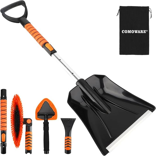 COMOWARE Extendable Snow Brush for Car, Ice Scrapers for Car Windshield Combo Kit with 270° Pivoting Head, 6-in-1 Snow Removal Tool with Snow Shovel Snow Scraper for Car, Truck, SUV, Winter Car Kit