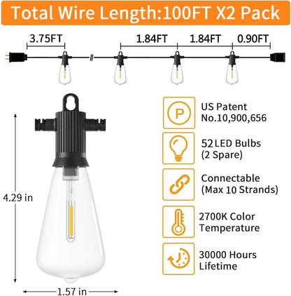ZOTOYI Outdoor String Lights 200 FT, Waterproof IP65 Patio String Lights for Outside with 104 Shatterproof ST38 Bulbs(4 Spare), LED Hanging Lights for Bistro, Backyard, Garden 2700K(2-Pack 100FT)