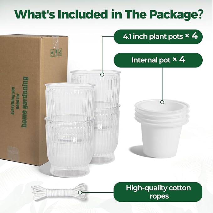 T4U 4 Inch Self Watering Plant Pot, 4 Pack Self Watering Pots, Self Watering Planter with Reservoir, Clear Self Watering Pots for Indoor Plants, African Violets, Flowers (4 Pack, 4", Clear)