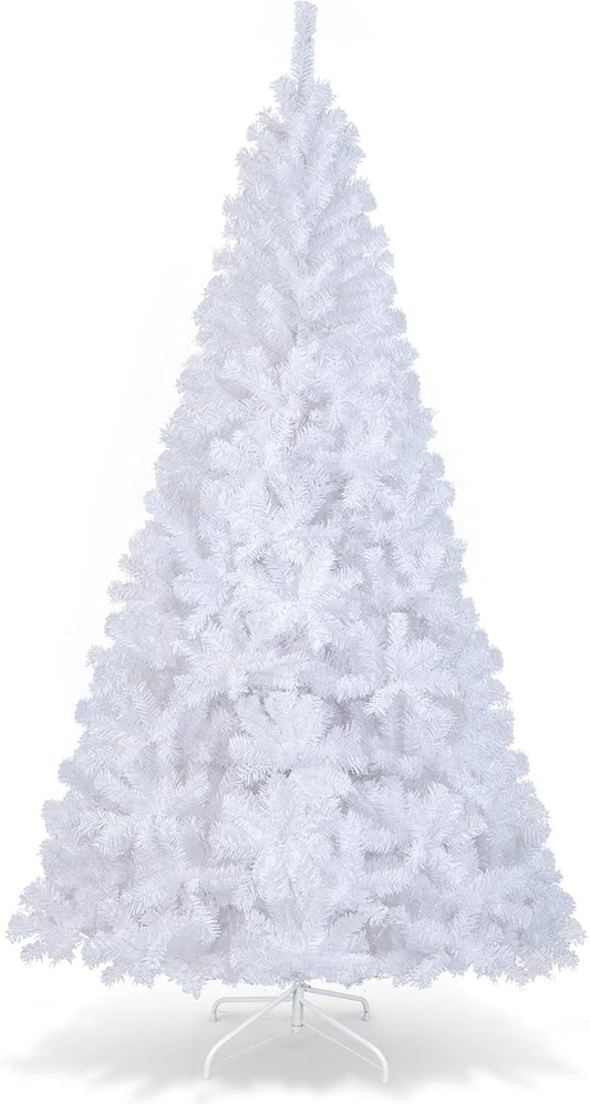 Happygrill 8 Feet White Christmas Tree Artificial Xmas Tree with Solid Metal Stand White Christmas Pine Tree for Indoor Outdoor Decoration