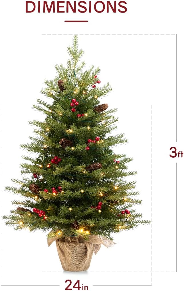 Somikis 3ft Pre-Lit Artificial Mini Christmas Tree with 70LED Lights and Realistic Nordic Spruce, Solid Cement Burlap Base Basin