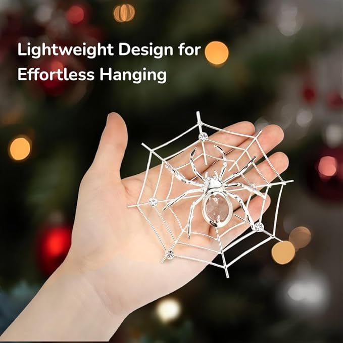 Matashi Silver Plated Christmas Tree Spider Ornament w Clear Crystals Lucky Hanging Decoration, Holiday Ornament Gift, Unique Spider Decor for Christmas & Halloween Party w Tinsel Legend Story