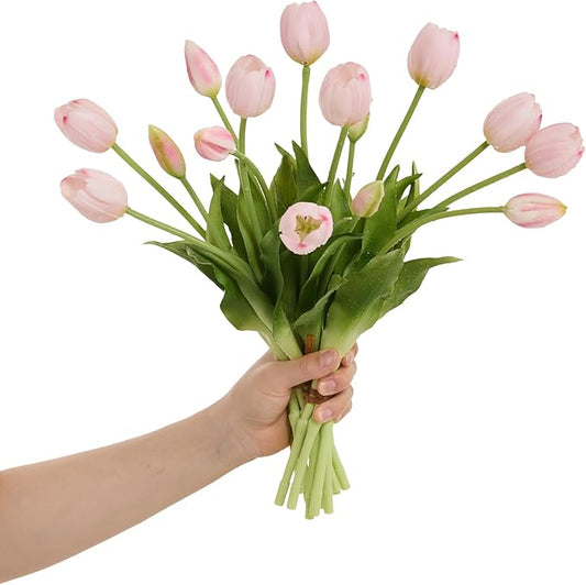 15 Pcs Light Pink Tulips Artificial Flowers Faux Tulips Real Touch Latex Fake Flower Bouquet for Spring Wedding Home Décor Centerpiece Arrangements