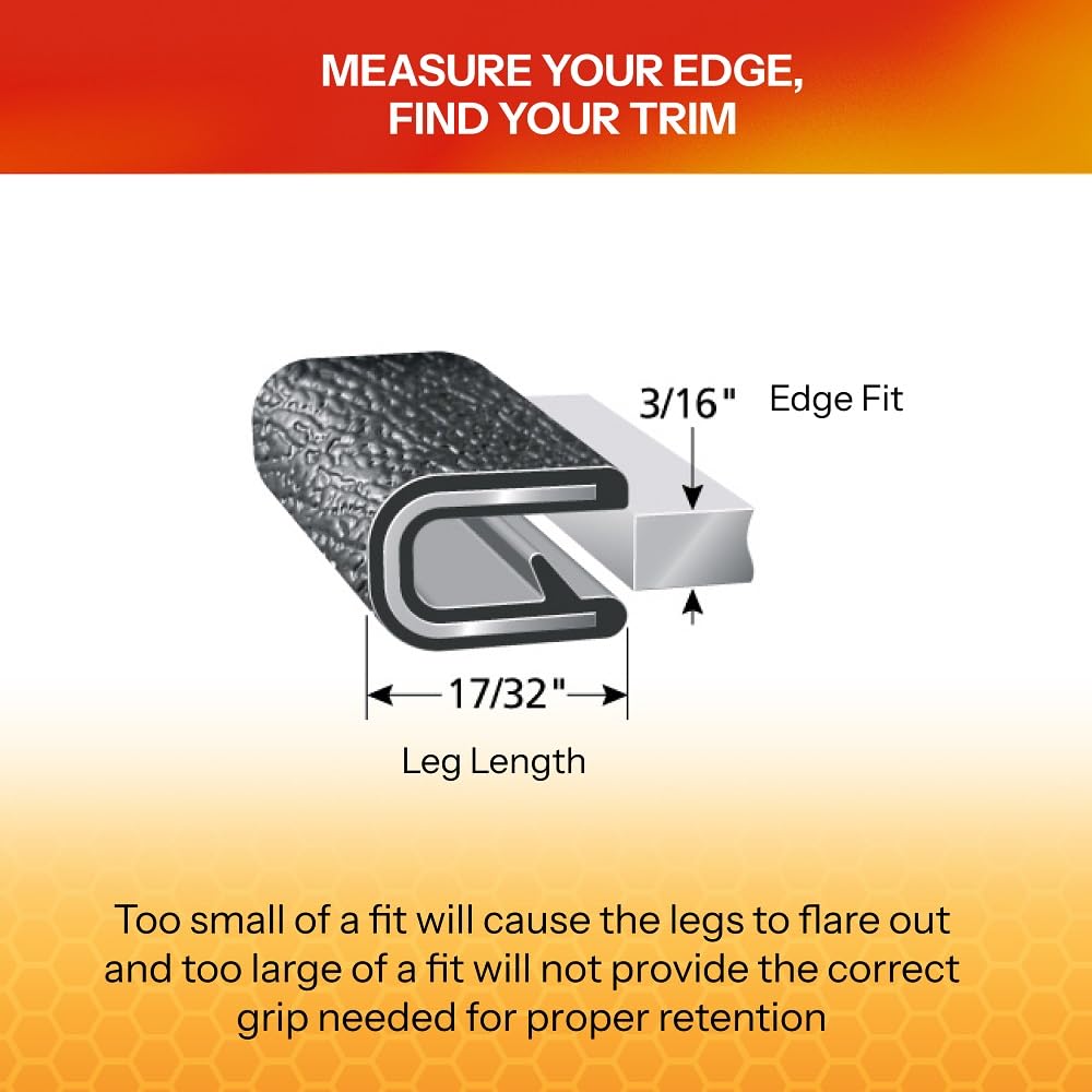TRIM-LOK Edge Trim - Fits 3/16" Edge, 17/32” Leg Length, 25’ Length - Single Gripping Finger - Black, Pebble Texture - Flexible PVC Edge Protector