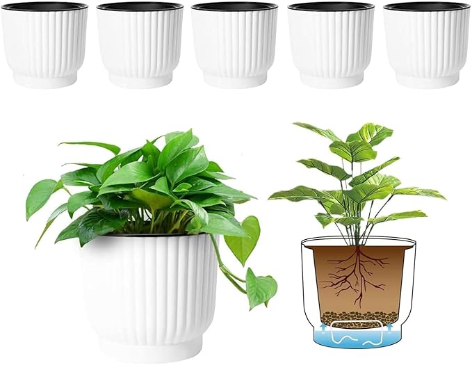 T4U 4.5 Inch Plant Pots Self Watering, 6 Pack African Violet Pots, Small Plant Pots for Plants, Small Indoor Plant Pot, Self Watering Planter for African Violet, Succulents (6 Pack 4.5" Pots, White)