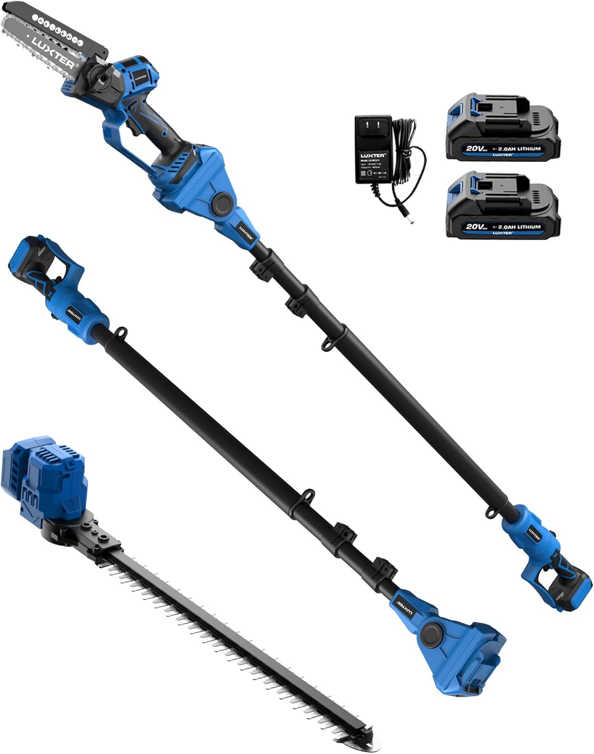 LUXTER 5-in-1 Cordless Pole Saw & Hedge Trimmer Brushless Electric Mini Chainsaw Auto Oiling 15-FT Max Reach Pole Saw for Tree Trimming Trimmer Limb Branch Cutter 2 X 2.0Ah Battery & Charger Include