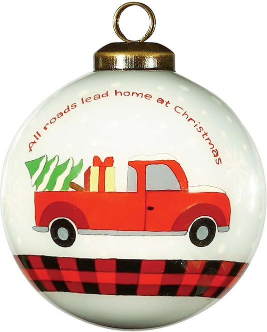Red Truck Christmas Ornament – Hand-Painted Glass Ornament with Black Red Plaid – Vintage Red Truck Christmas Decor for Christmas Tree