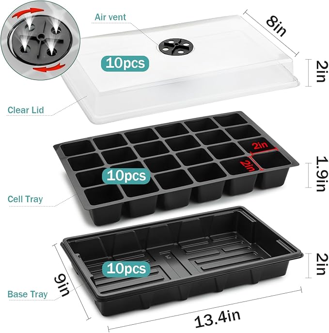 10-Pack XL Seed Starter Tray with Dome – 24 Large 2" Cells per Seedling Starter Trays (Total 240 Cells), Seed Growing Tray with Humidity Lids for Greenhouse Home Plant Propagation