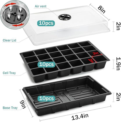 10-Pack XL Seed Starter Tray with Dome – 24 Large 2" Cells per Seedling Starter Trays (Total 240 Cells), Seed Growing Tray with Humidity Lids for Greenhouse Home Plant Propagation