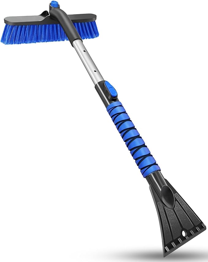 Ice Scraper Brush for Car Windshield Window, 26'' to 33'' Aluminum Extendable Snow Brush for Car Window with Foam Grip and 360° Pivoting, Soft Broom Head for Car Vehicle Accessories