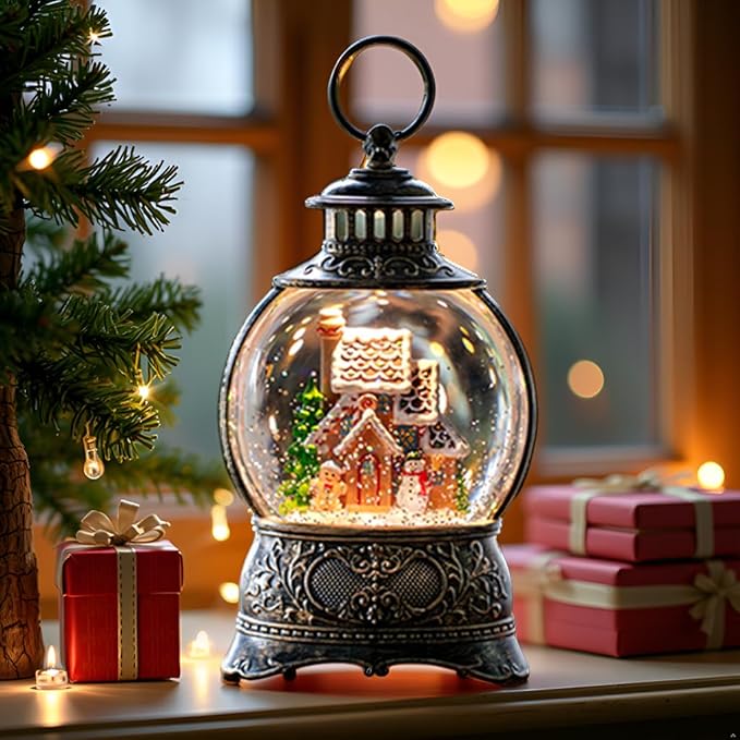 Christmas Snow Globes Christmas Water Lantern with Gingerbread Man & Snowman, Music & 6H Timer, USB Lined/Battery Operated Lighted Lanterns for Xmas Festival Decoration Gifts