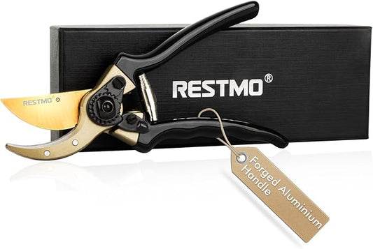 RESTMO 8.6" Professional Pruning Shears, Premium Titanium SKS5 Steel Blade for Long-Lasting Sharpness, Forged Aluminum Handles for Durability, Bypass Pruners for Gardening, Clippers & Scissor Tool
