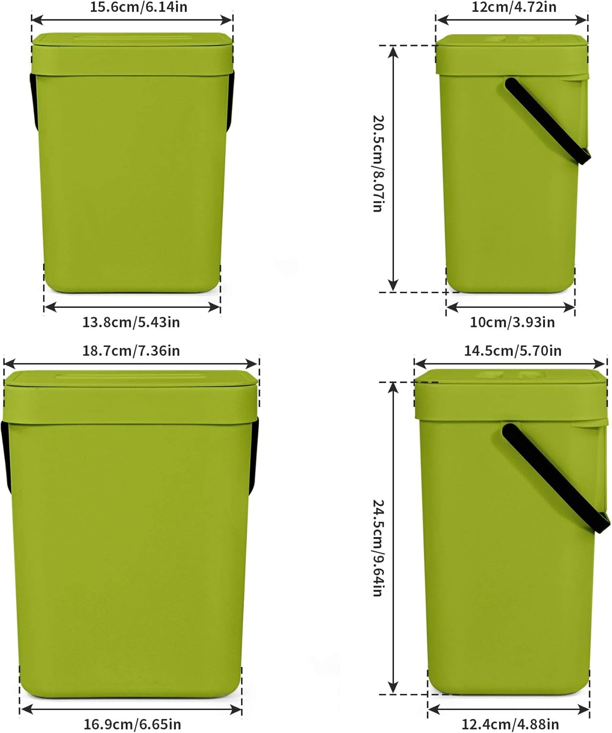 Domiella 2 Pack 1.3 + 0.8Gal Hanging Small Trash Can with Lid, Kitchen Compost Bin for Counter Top or Under Sink, Sealed Food Waste Bin, Mountable Indoor Compost Bucket for Cupboard/Bathroom (Green)