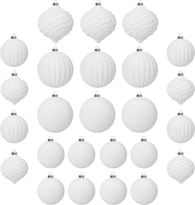 KI Store Velvet Christmas Balls White 25pcs Flocked Christmas Tree Ornaments Assortment for Xmas Tree Holiday Decor