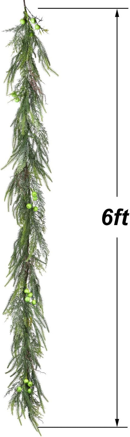 Christmas Norfolk Pine Garland with Berries - Realistic Spruce Greenery for Holiday Mantel, Fireplace, Table Decor