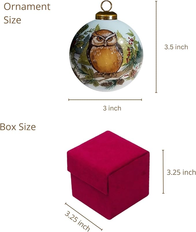 Glass Owl Ornament – Woodland Forest Bird Collectible with Evergreen Tree – Winter Wildlife Christmas Decoration – Unique Owl Gift for Nature Lovers – 3” Reverse-Painted Ornament with Gift Box