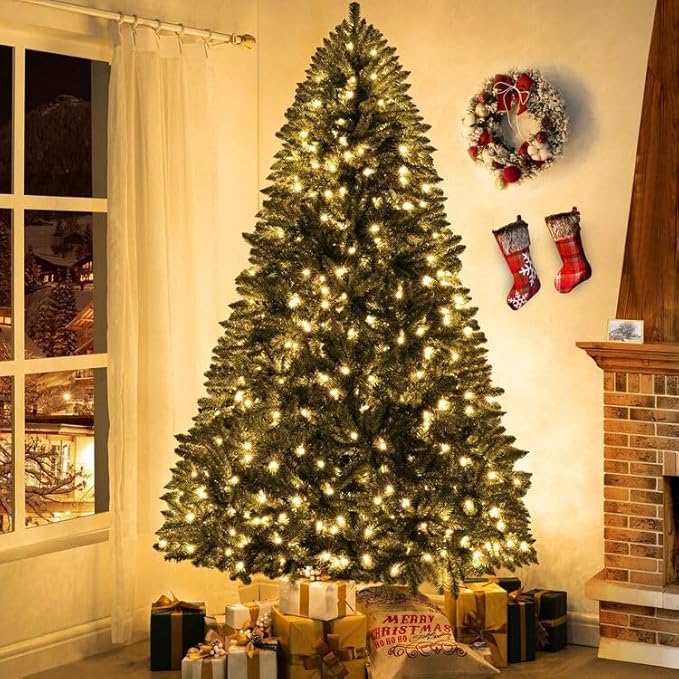 Naomi Home 7.5ft Christmas Tree with Lights Realistic Spruce Christmas Tree Prelit with Foot Pedal 1717 Branch Tips 550 Warm Lights and Metal Stand Aritificial Tree arbol De Navidad