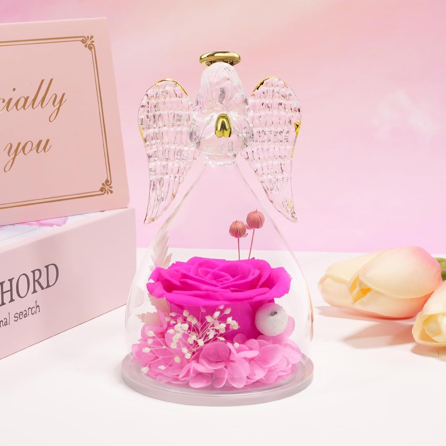 Yamonic Birthday Gifts for Mom,Christmas Angel Figurines with Real Rose Gifts for Her Mom Grandma,Preserved Flowers Rose Glass Angel Figurine for Mothers Day Christmas Birthday Gifts for Her(Hotpink)