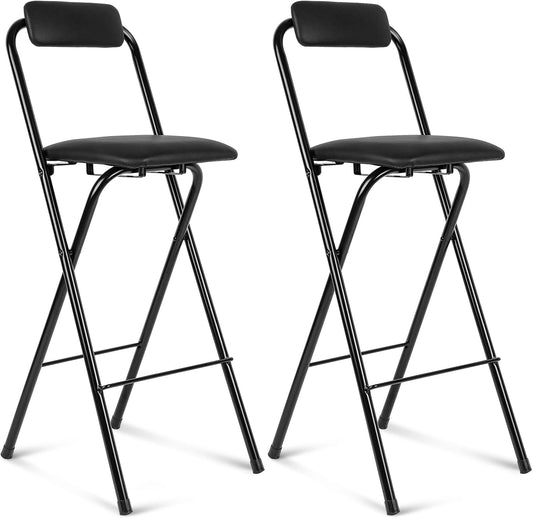 Thyle 2 Pcs Folding Bar Stool with Backrest, Tall Foldable Stool Chair Portable High Folding Bar Chair Counter Height Seat Leather Padded for Kitchen Island Shop Cafe Dining Room Black (29.5 Inch)