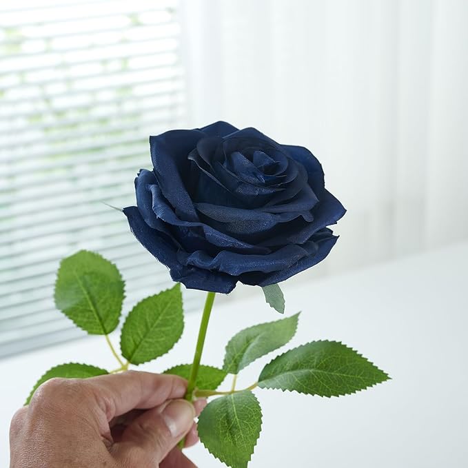 50pcs Navy Blue Roses Artificial Flowers Bulk Fake Roses Silk Flower with Stems Realistic Flowers for Wedding Centerpiece Party Birthday Decor