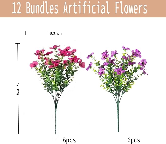SHIAWASENA Realistic Outdoor Fake Plants Flowers, Artificial Flowers, UV Resistant, 12 Bundles Faux Silk Colorful Violet Flowers Bouquet with Eucalyptus (Rose Red & Purple)