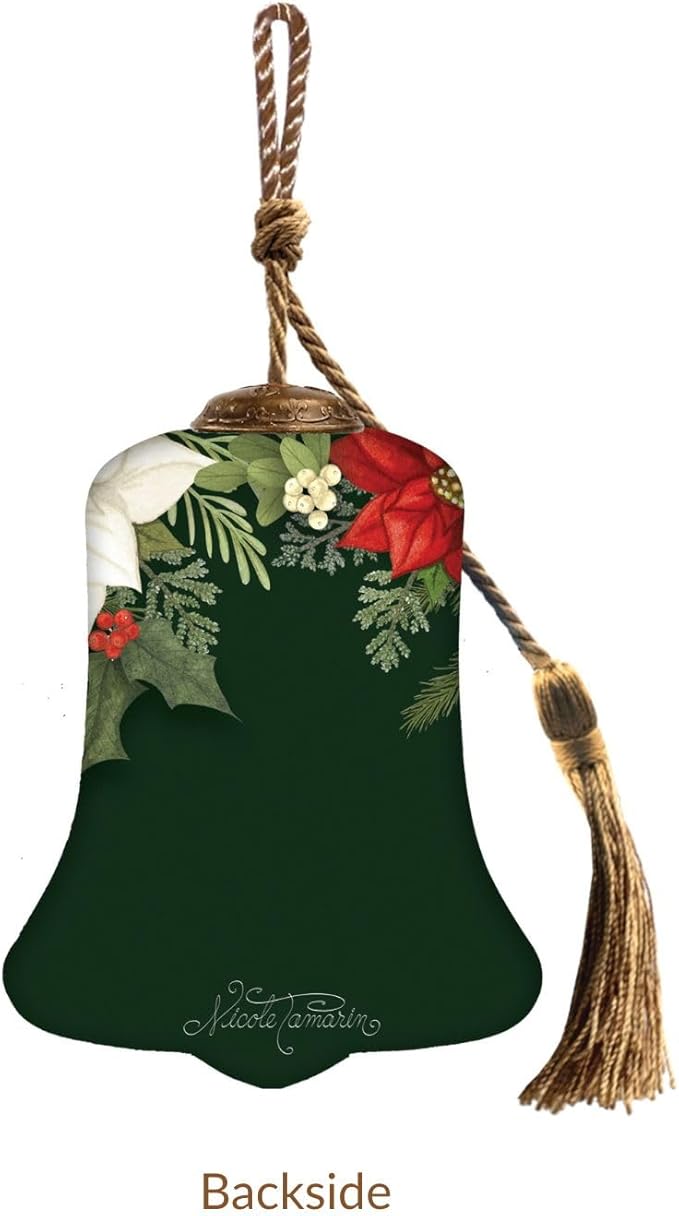 Peace on Earth Bell Ornament– Hand-Painted Glass Christmas Ornament – Green Bell Holiday Decoration with Poinsettias – Peace on Earth Christmas Ornament