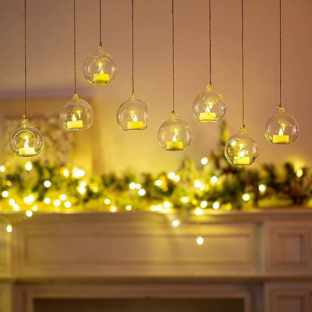 Sziqiqi Hanging Glass Globes Orbs Tea Light Candle Holders with Flameless LED Tealight for Wedding Ornaments Wedding Birthday Christmas Party Centerpiece Accessory 3.15in 12pcs