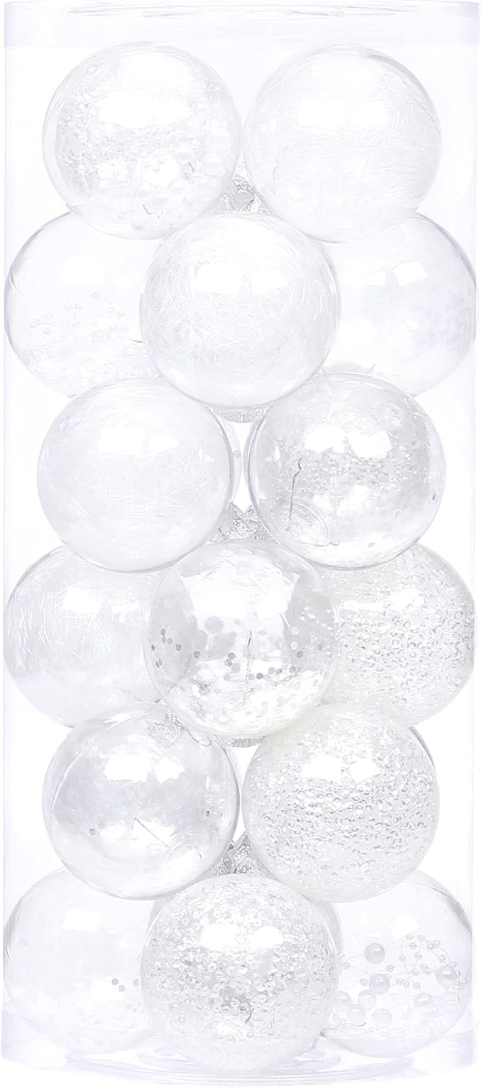 Sea Team 70mm/2.76" Shatterproof Clear Plastic Christmas Ball Ornaments Decorative Xmas Balls Baubles Set with Stuffed Delicate Decorations (24 Counts, White)