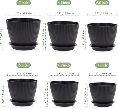 7/6.2/5.5/5/4.5/4 inch Flower Pots, 6 Pack Plant Pots for Small Indoor Outdoor Plants, Plastic Planters with Drainage Holes and Saucers for Garden Succulent House Plants, Black