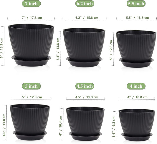 7/6.2/5.5/5/4.5/4 inch Flower Pots, 6 Pack Plant Pots for Small Indoor Outdoor Plants, Plastic Planters with Drainage Holes and Saucers for Garden Succulent House Plants, Black