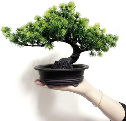 Artificial Bonsai Tree - Fake Plants for Home Decor, Bookshelf Coffee Table Office Desk Bathroom Farmhouse Indoor Decor, 9.5" Tall, Green