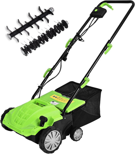 Goplus 2-in-1 Lawn Dethatcher and Scarifier, 3 Level Depth Adjustable Weeder w/ 11 Gallon Collection Bag & 2 Removable Blades, 13-Inch 12 Amp Corded Electric Scarifier for Garden & Yard