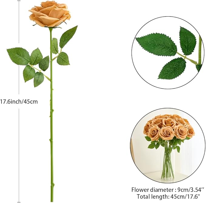 15pcs Terracotta Fake Roses Artificial Silk Flowers Faux Rose Flower Long Stems Bouquet for Arrangement Wedding Centerpiece Party Home Kitchen Decor